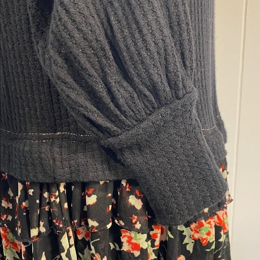 Free People Opposites Attract Mini Dress Black Waffle Top Floral Tiered Skirt XS